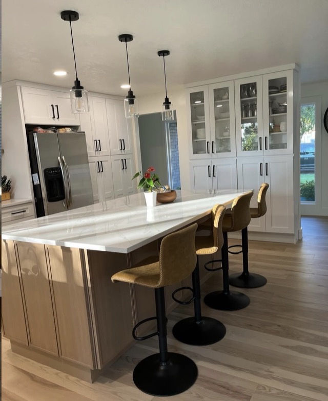 Custom kitchen design with open shelving and cabinets